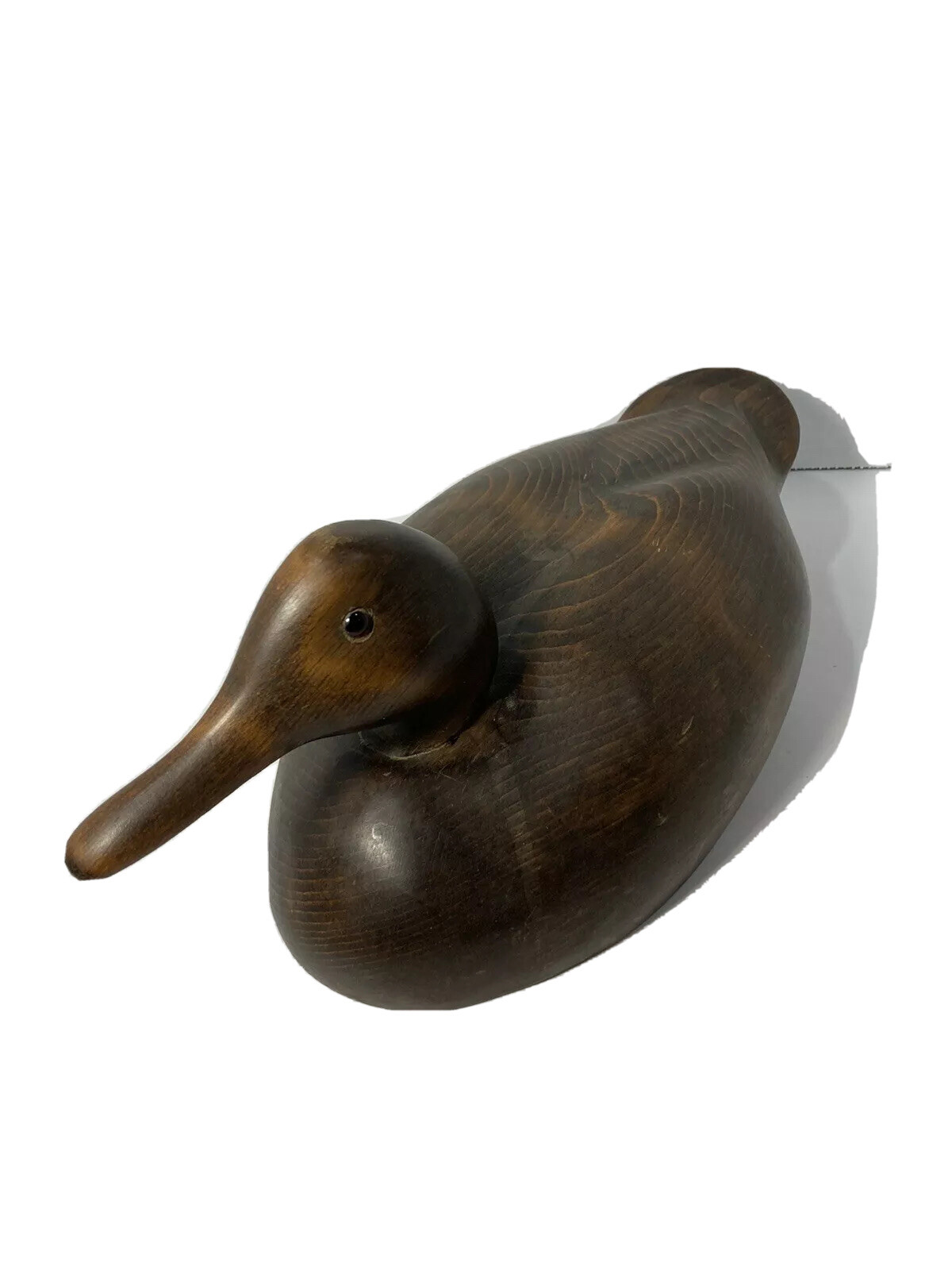 Vintage Hand Carved Solid Wood Duck Decoy-15” x 7”-Natural Dark Stain-Glass Eyes