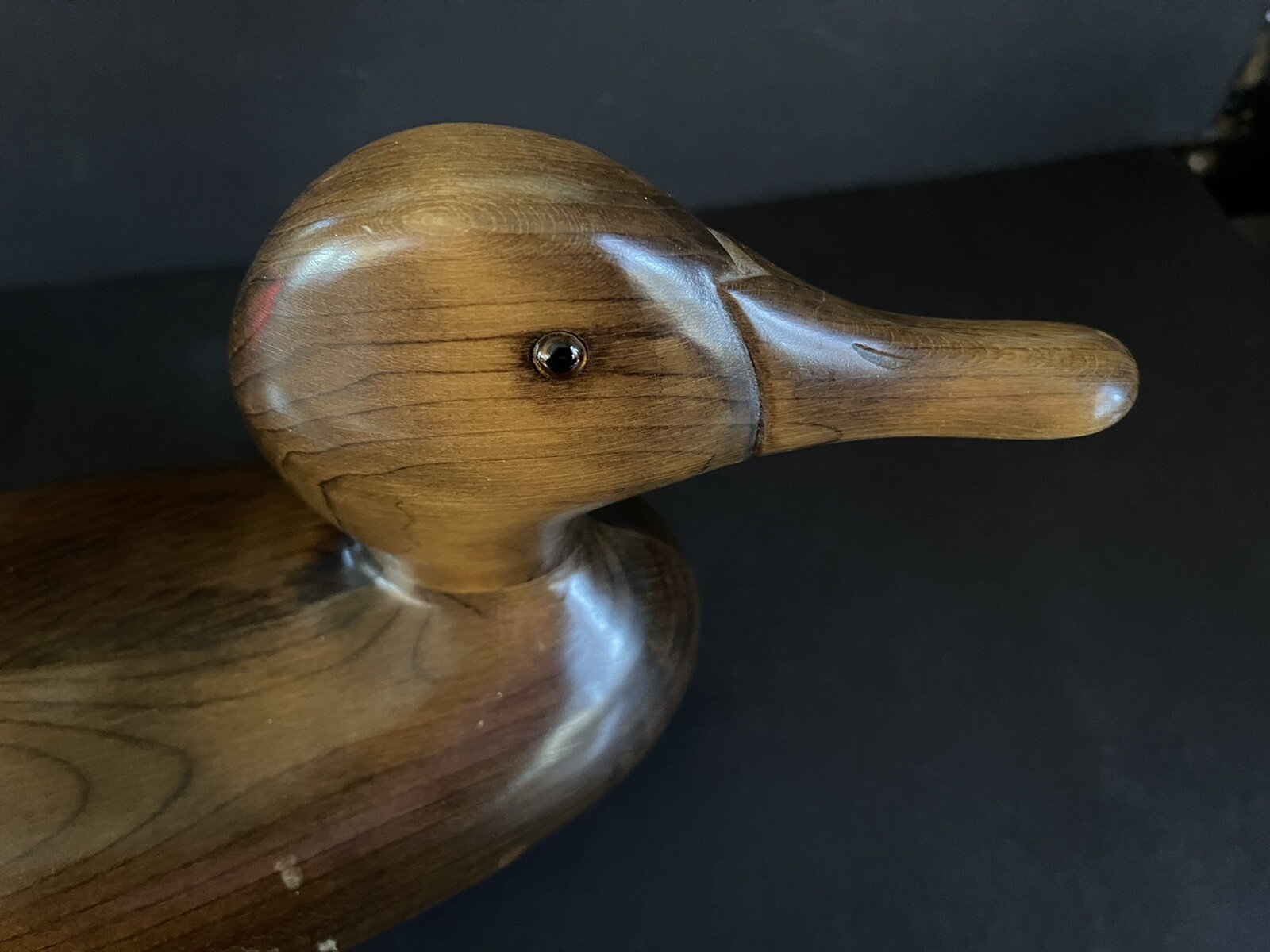 Beautifully hand crafted Wood Decoy Duck with Glass Eyes Signed Ron Fisher 1983