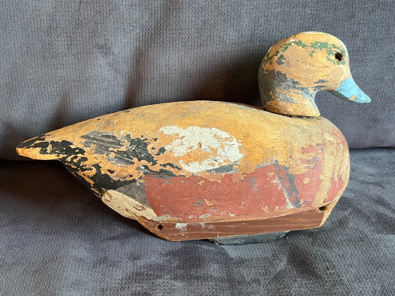 Vintage HAND CARVED WOODEN DUCK DECOY Primitive Folk Art 12″ Long, Lead Weight