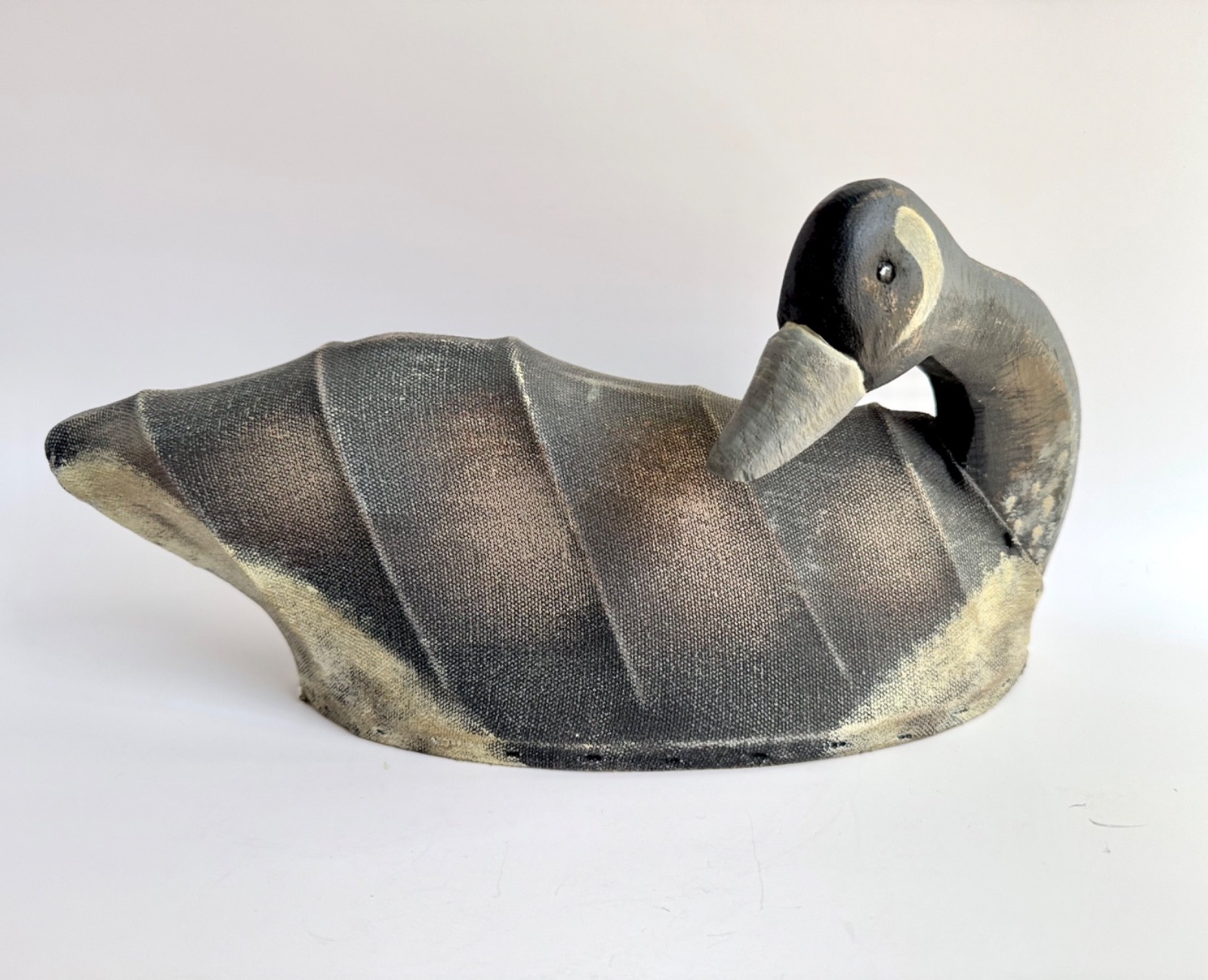 Vintage 13″ Canadian Goose Decoy Canvas & Wire Body Wood Base, Small Decorative?