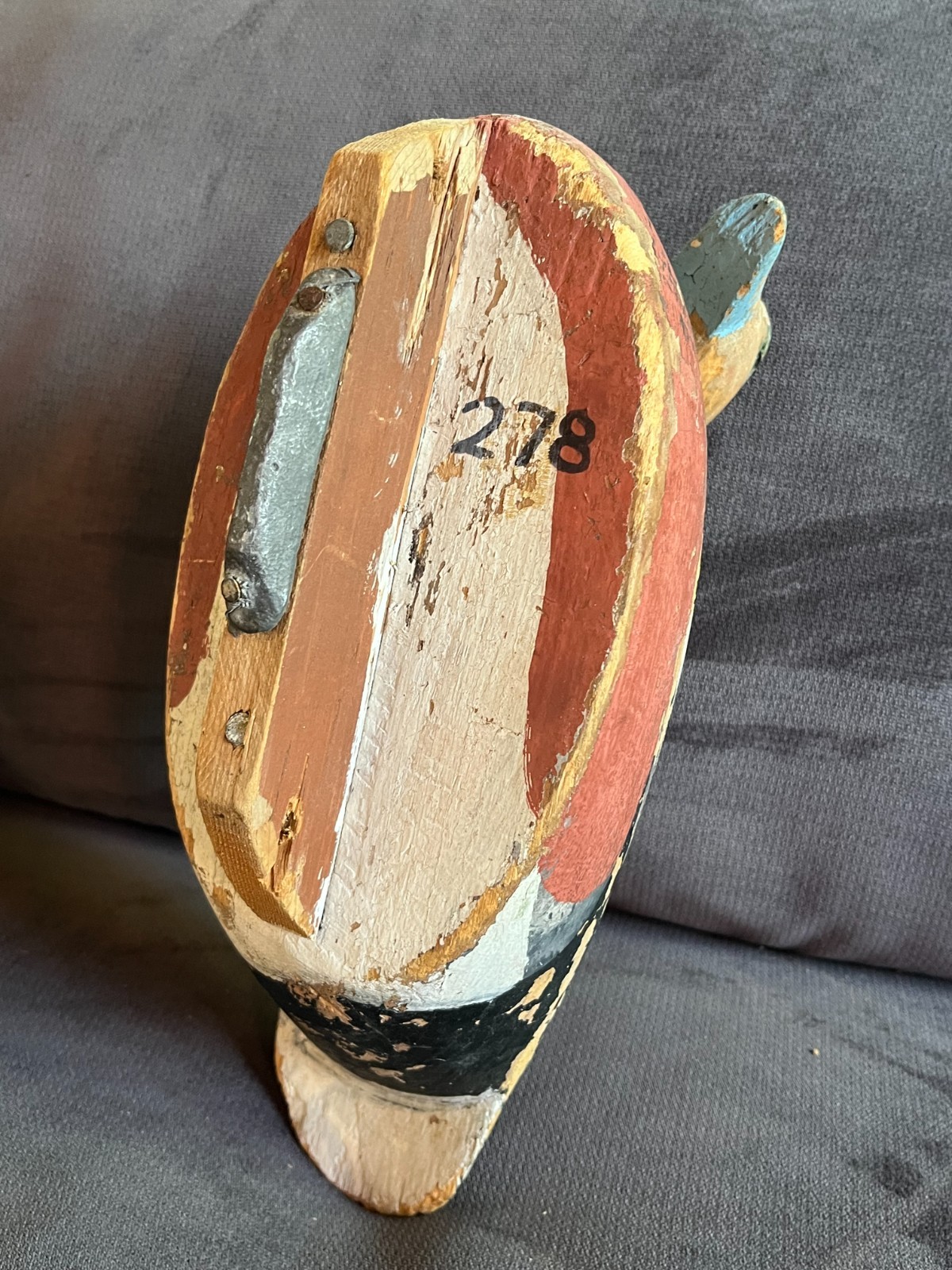Vintage HAND CARVED WOODEN DUCK DECOY Primitive Folk Art 12″ Long, Lead Weight