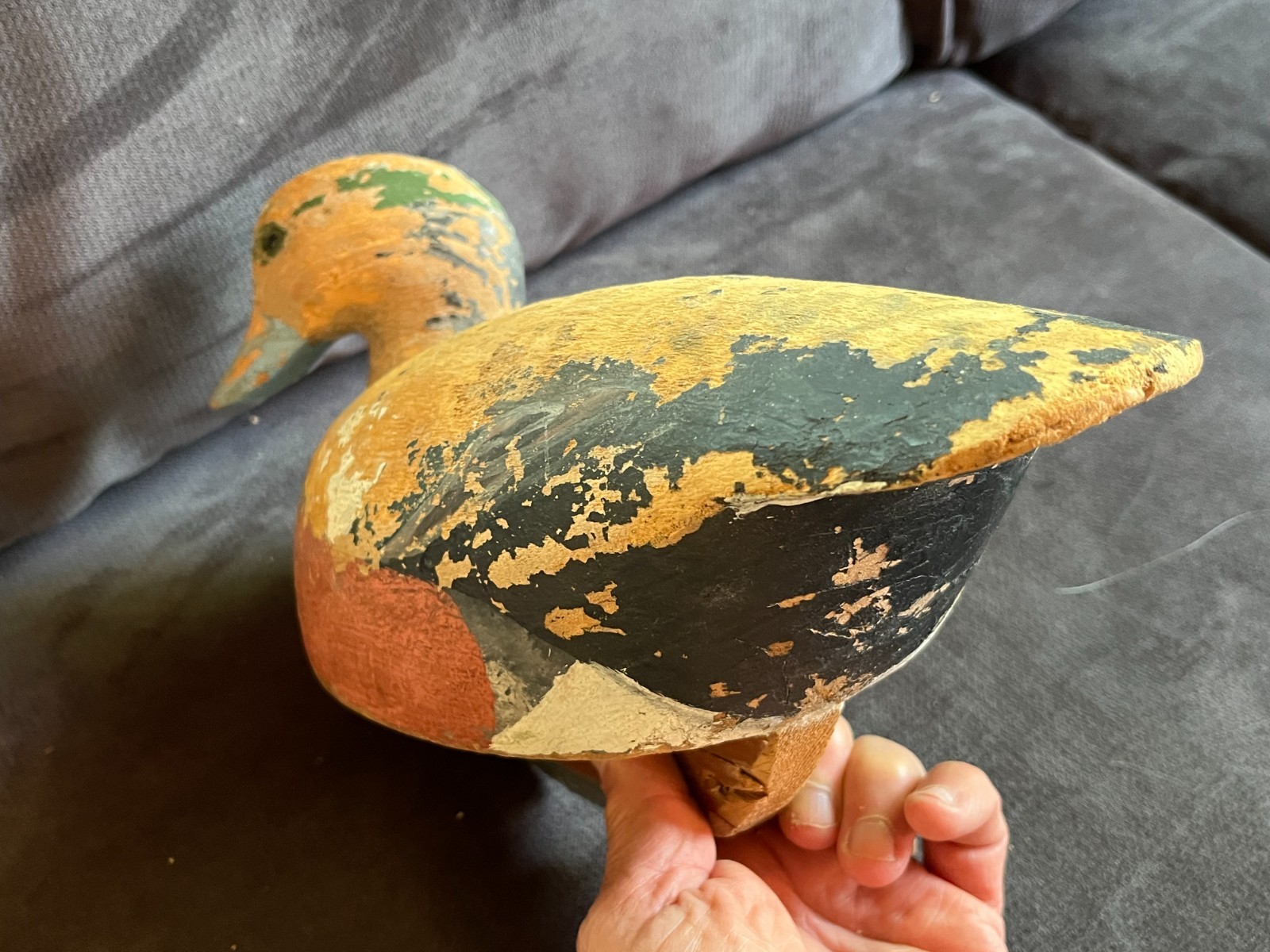 Vintage HAND CARVED WOODEN DUCK DECOY Primitive Folk Art 12″ Long, Lead Weight