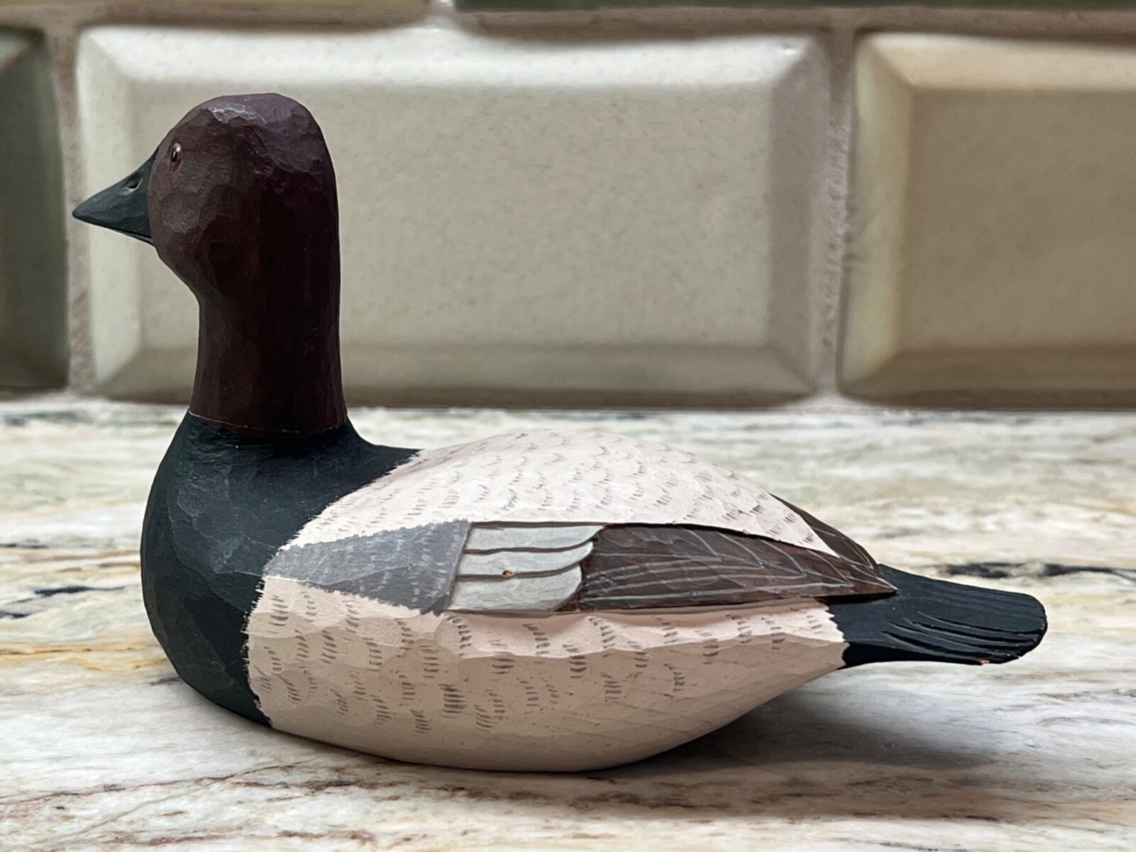 Carved Wood Duck Decoy Canvasback Drake 1975 Quarter Size Signed by Ron Kennedy