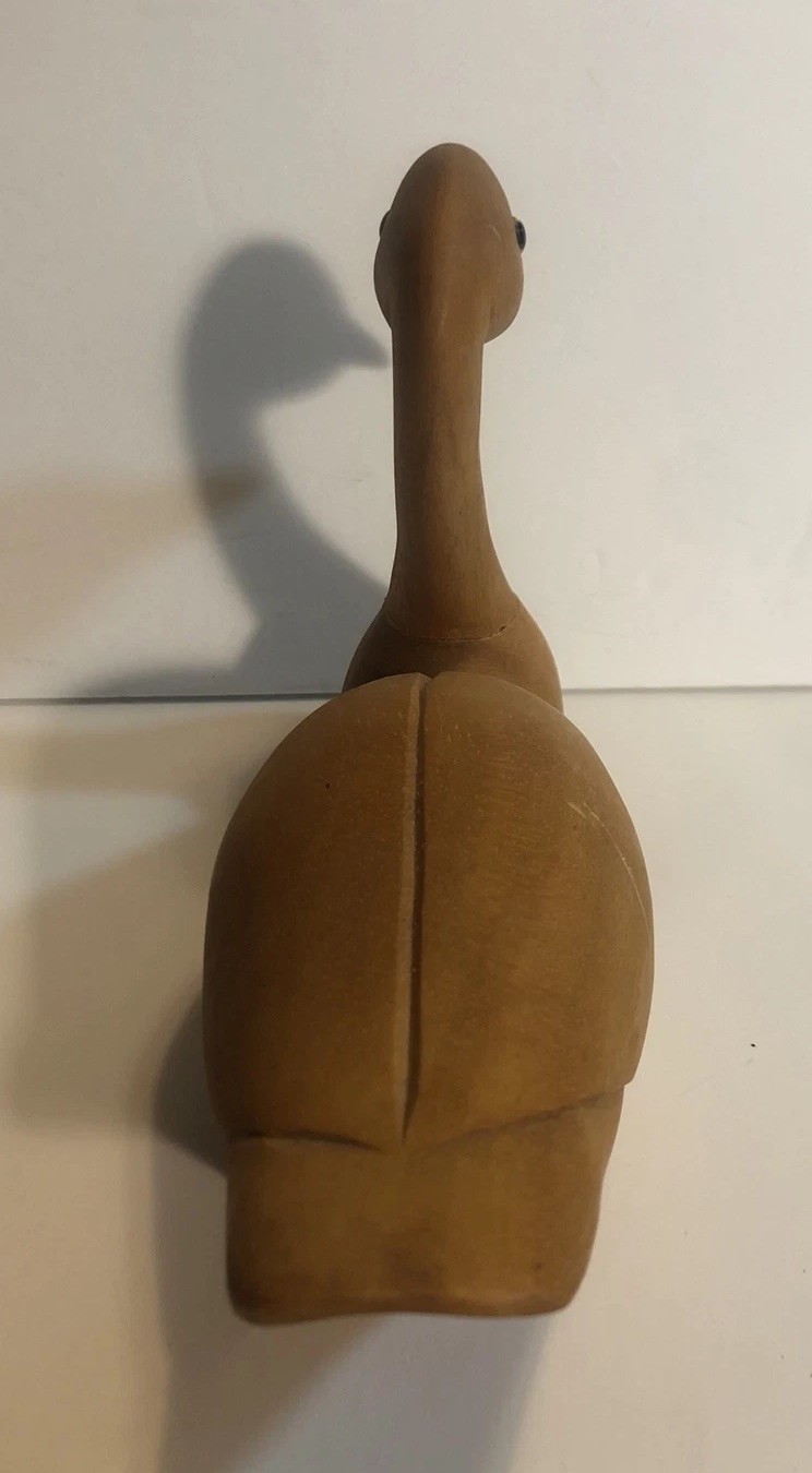Vintage Carved Wood Duck Goose Decoy Natural Woodgrain Unpainted Glass Eyes 6.5”
