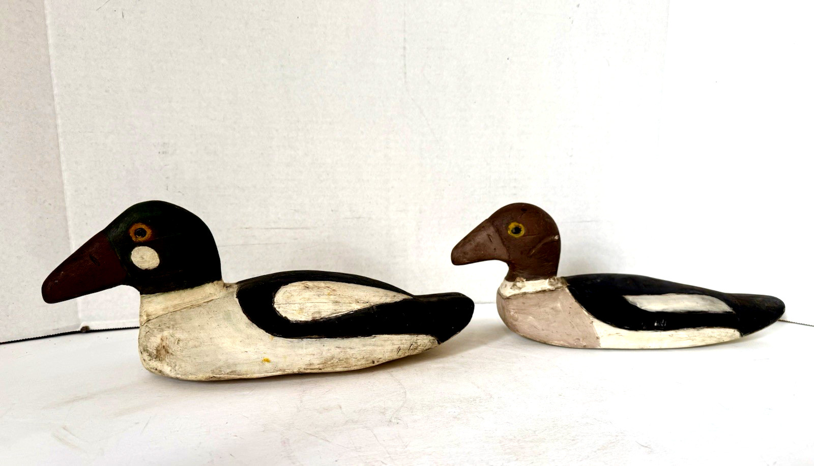 Vintage Primitive Style Goldeneye Duck Decoy Pair, Tack Eyes, Inletted Head