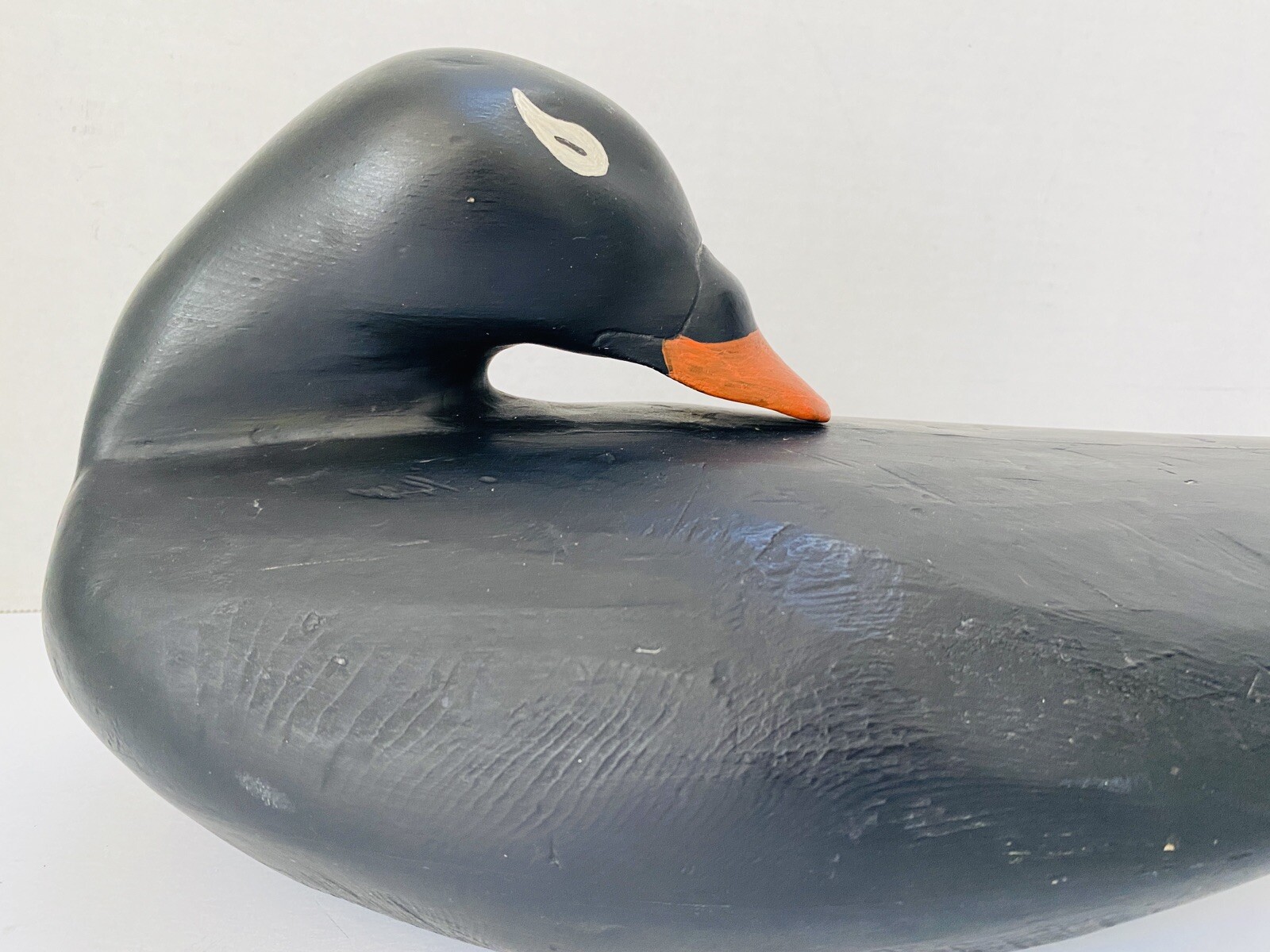 Carved Scoter Duck Decoy, Turned Back Head Position, Solid Body, Painted Eyes