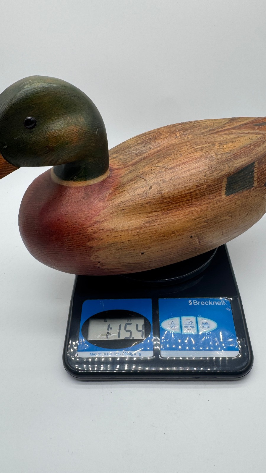 Vintage 1980 Hand Carved Solid Wood Mallard Drake Duck Decoy Glass Eyes Signed