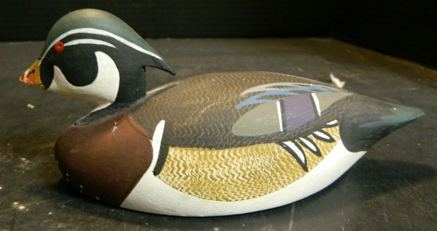 Vintage Ken Harris Carved Wood Duck Miniature Decoy 3.5″ x 7.5″ x3.25″ GD-VG