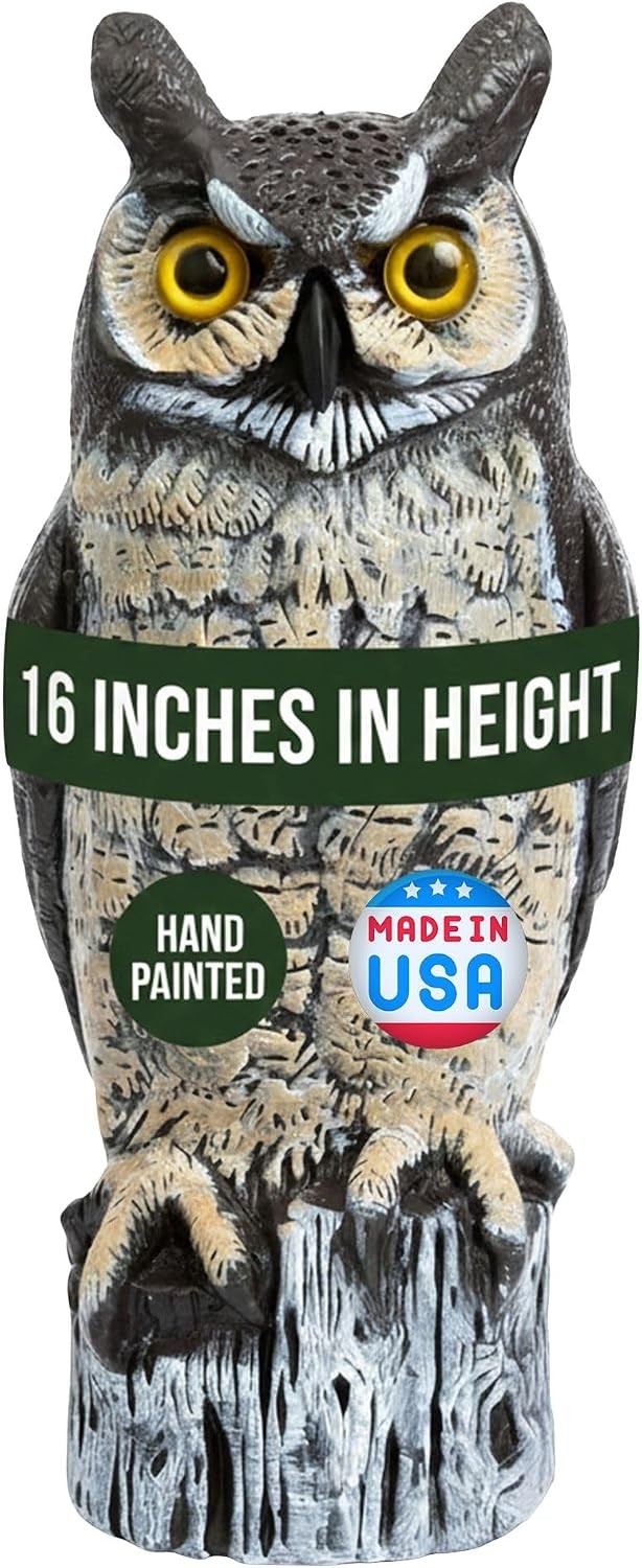 Large Rotating Head Fake Owl Decoy to Scare Birds Away 18” Tall Garden Scarecrow