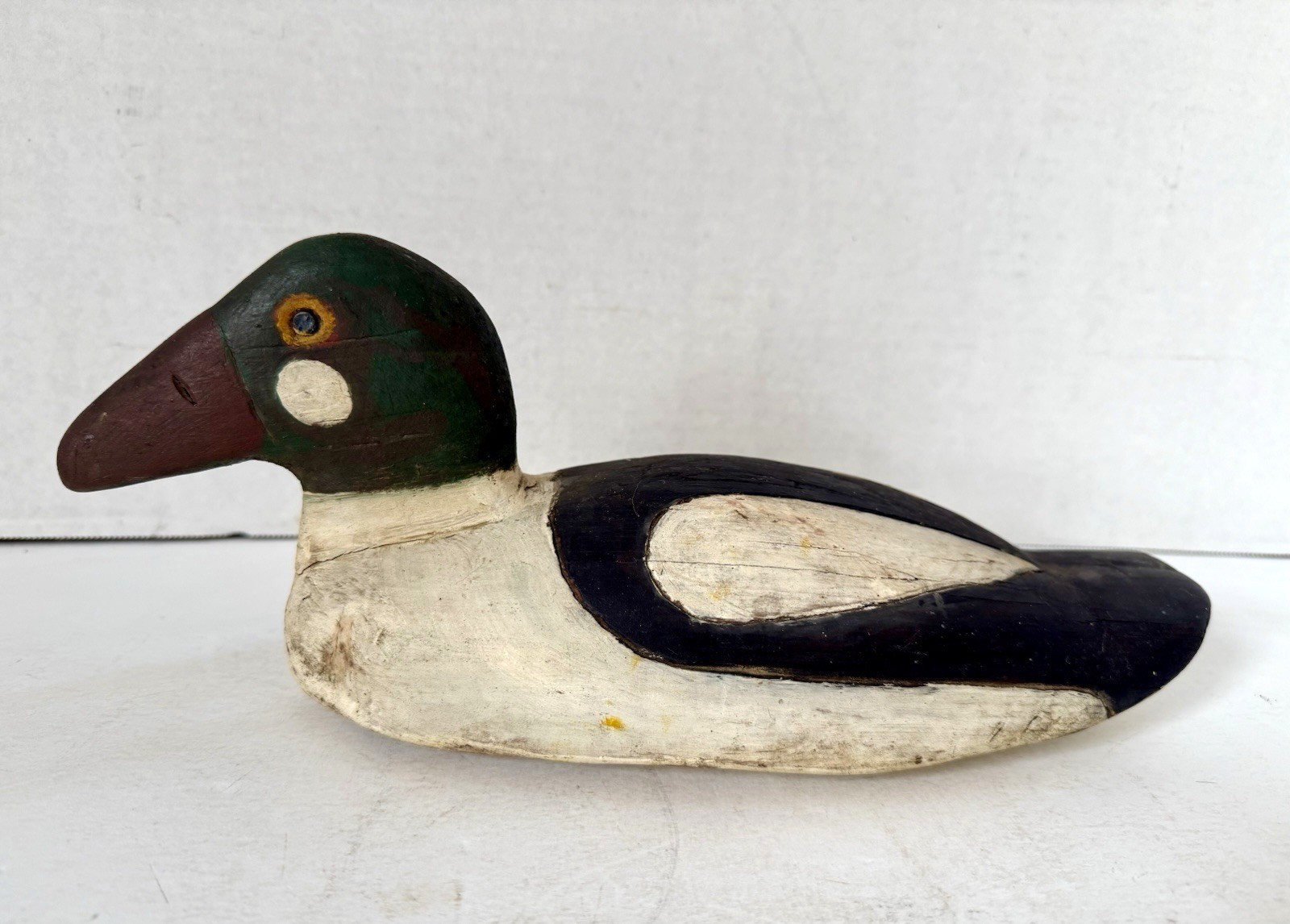 Vintage Primitive Style Goldeneye Duck Decoy Pair, Tack Eyes, Inletted Head
