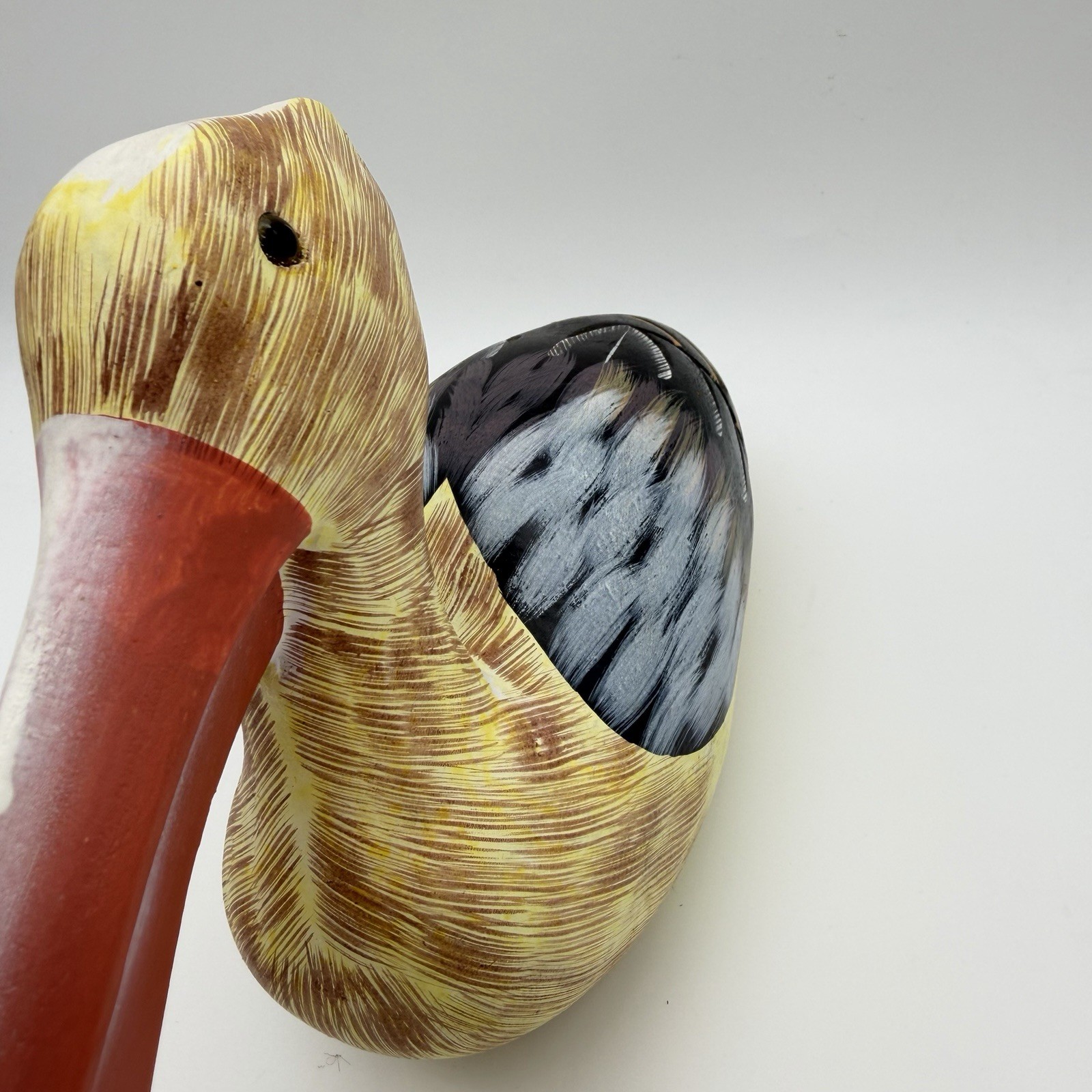Vintage Beautiful Hand Carved & Painted Wooden Pelican Decoy 13”