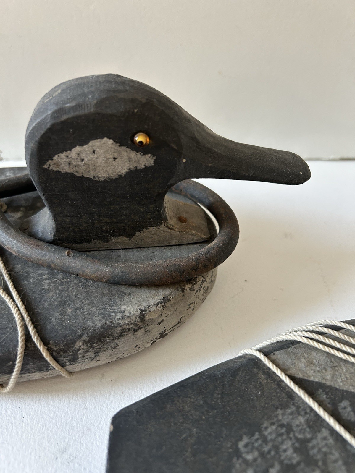 Vintage Flat Bottom Hand Painted Two Duck Decoys Glass Eyes Cast Iron Weight