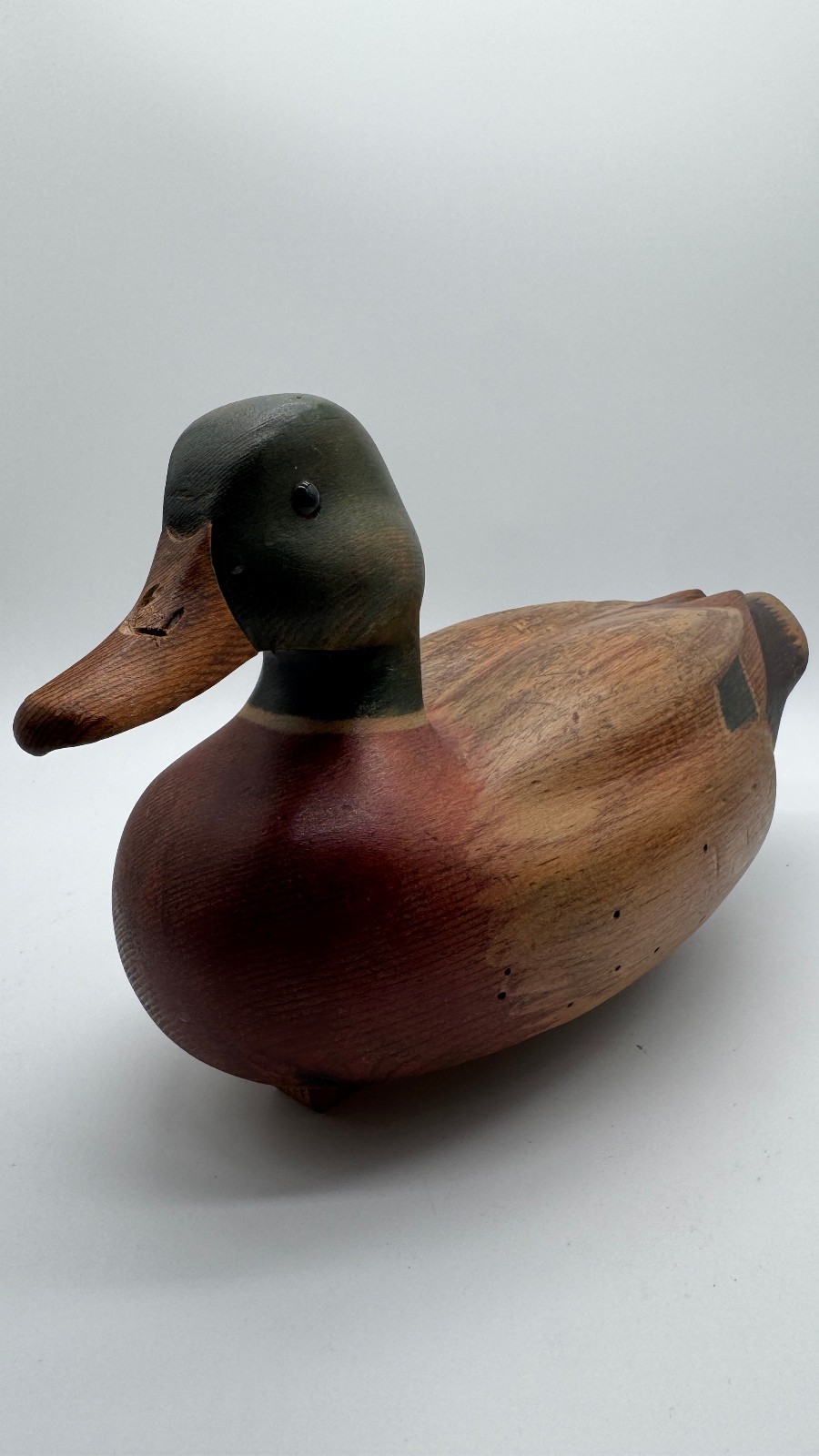 Vintage 1980 Hand Carved Solid Wood Mallard Drake Duck Decoy Glass Eyes Signed