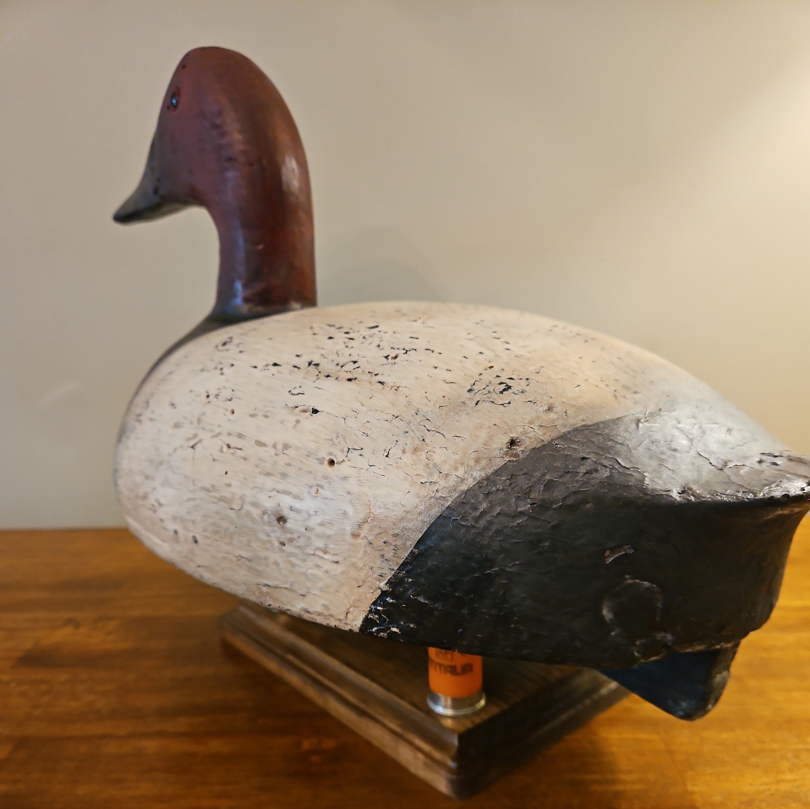 LARGE VINTAGE CANVASBACK DUCK DECOY, Solid Wood, Glass Eyes, stand not included