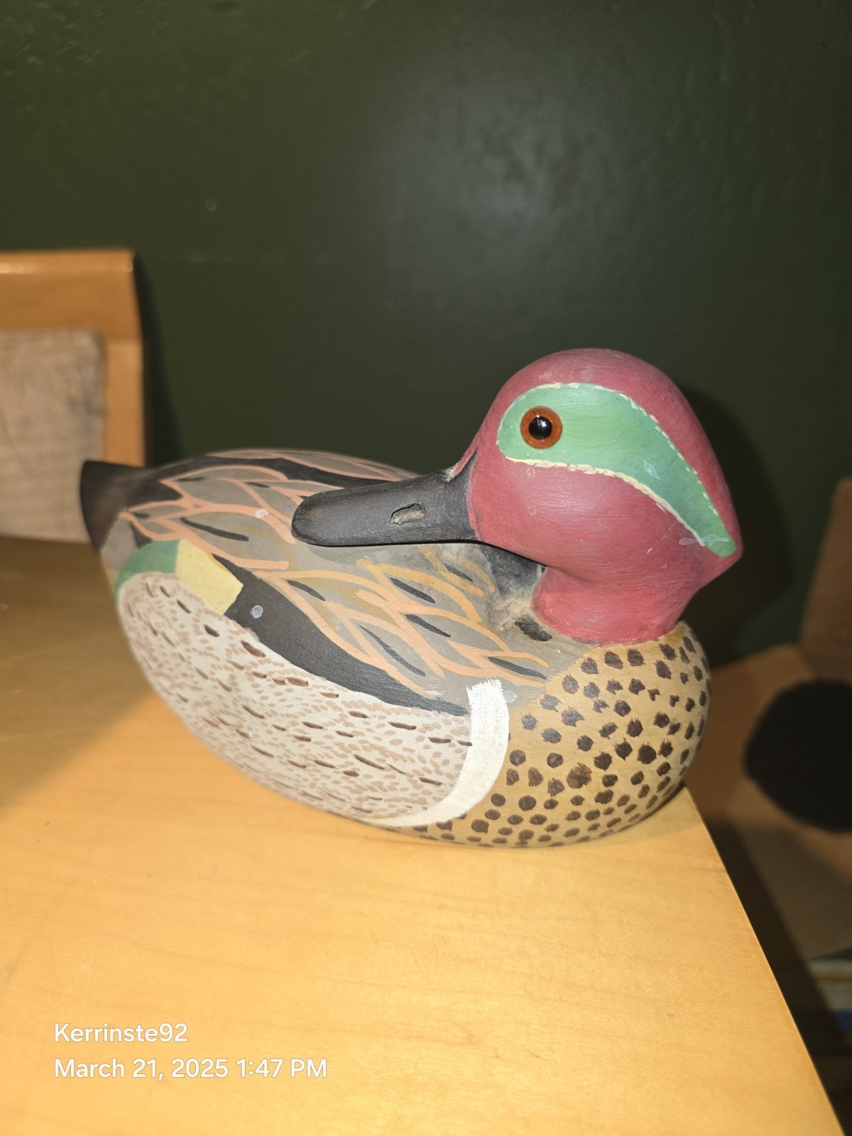 VTG 80s Hand Carved Solid Wood Decoy Duck Sleeper Green Winged Teal Drake Signed