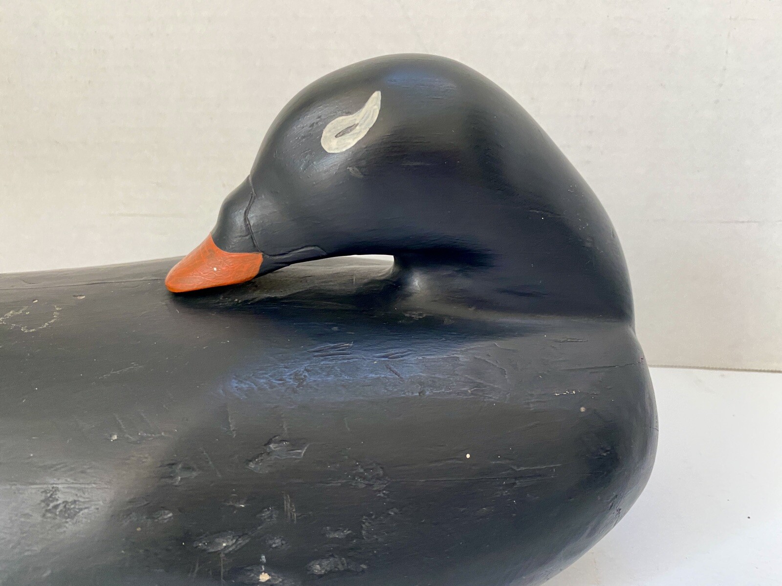Carved Scoter Duck Decoy, Turned Back Head Position, Solid Body, Painted Eyes
