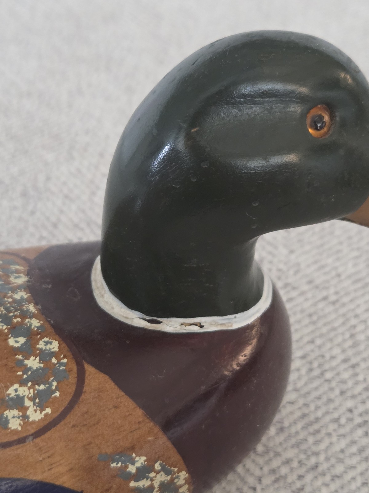 Vintage Hand Carved Painted Wooden Mallard Duck Decoy Home Decor Glass Eyes 10”