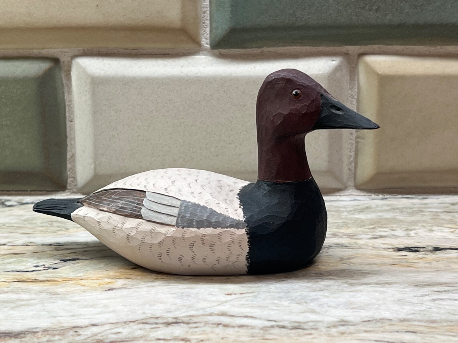 Carved Wood Duck Decoy Canvasback Drake 1975 Quarter Size Signed by Ron Kennedy