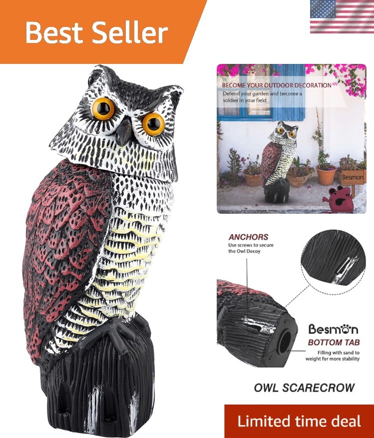 Realistic Plastic Owl Decoy with Rotating Head for Bird Deterrent in Gardens