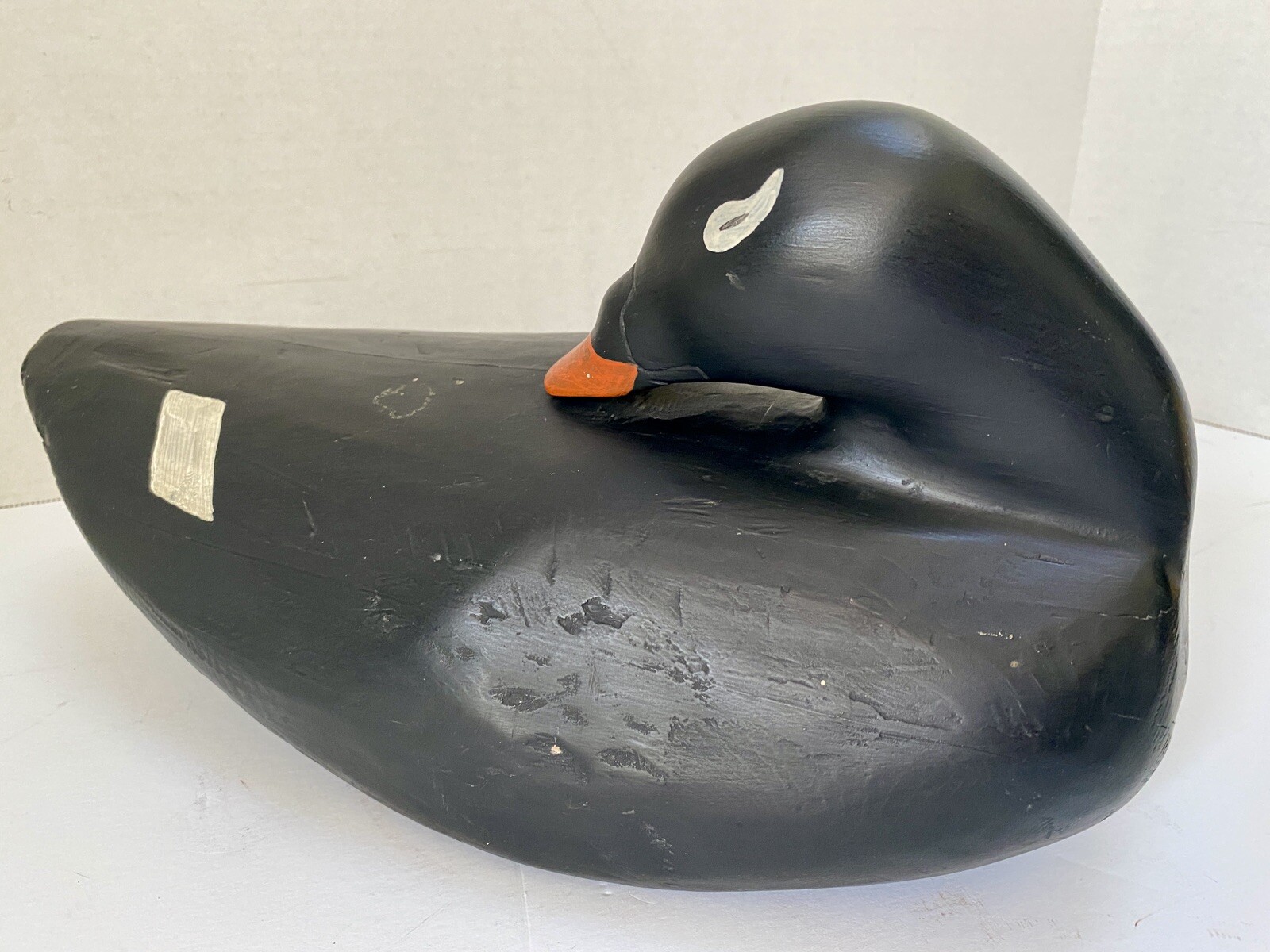 Carved Scoter Duck Decoy, Turned Back Head Position, Solid Body, Painted Eyes
