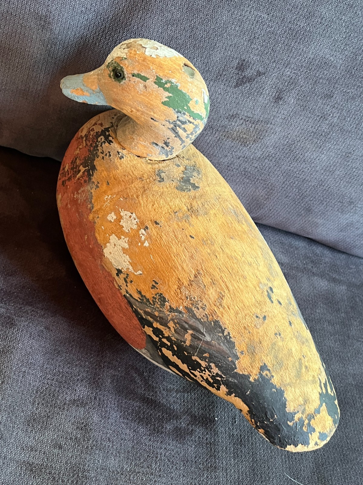 Vintage HAND CARVED WOODEN DUCK DECOY Primitive Folk Art 12″ Long, Lead Weight