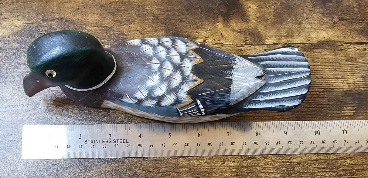 Wooden Duck Decoy 10″ Home Decor China Painted Carved Wood Glass Eyes