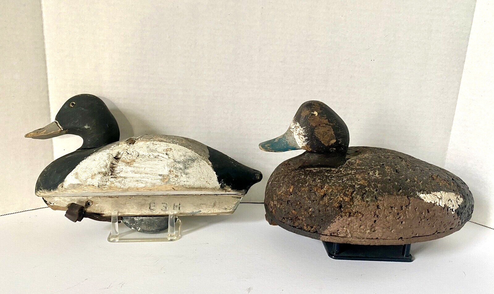 Vintage Scaup Duck Decoy Pair, Keel & Weight on Base, 1 Wood Body & 1 Cork Body