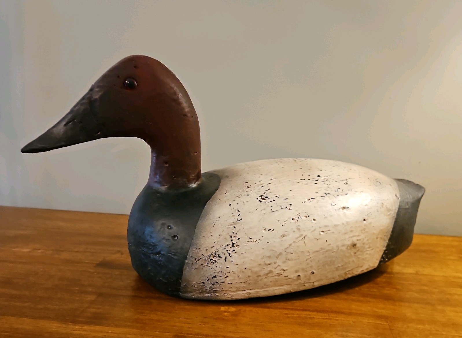 LARGE VINTAGE CANVASBACK DUCK DECOY, Solid Wood, Glass Eyes, stand not included