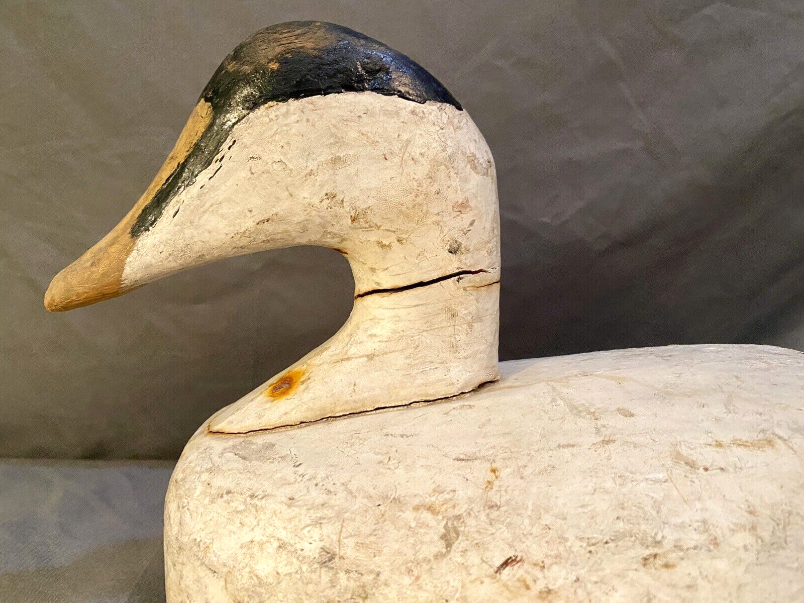 Carved Eider Duck Decoy, 2 Leather Tie Loops on Base, Original Paint, Unsigned