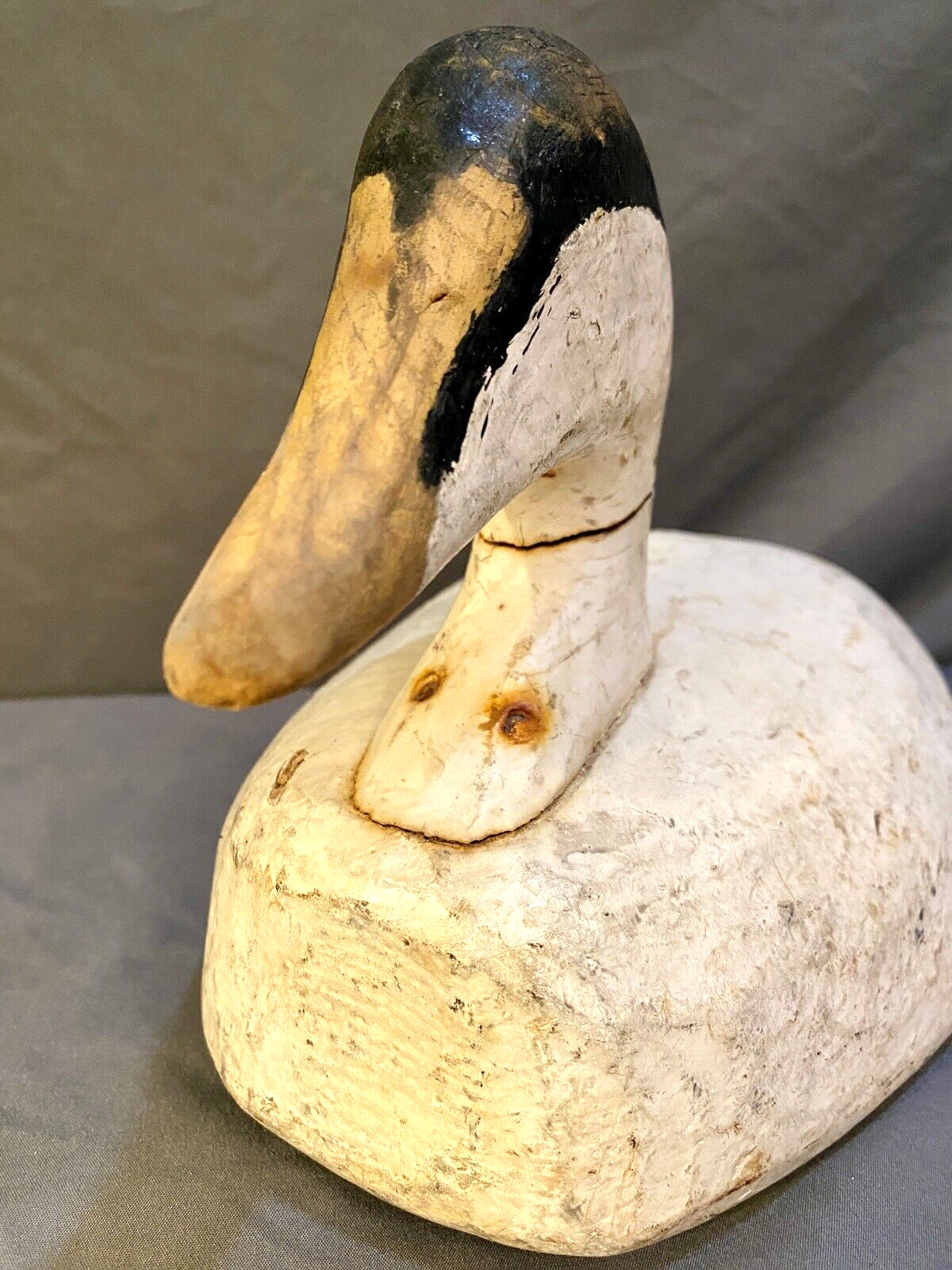 Carved Eider Duck Decoy, 2 Leather Tie Loops on Base, Original Paint, Unsigned