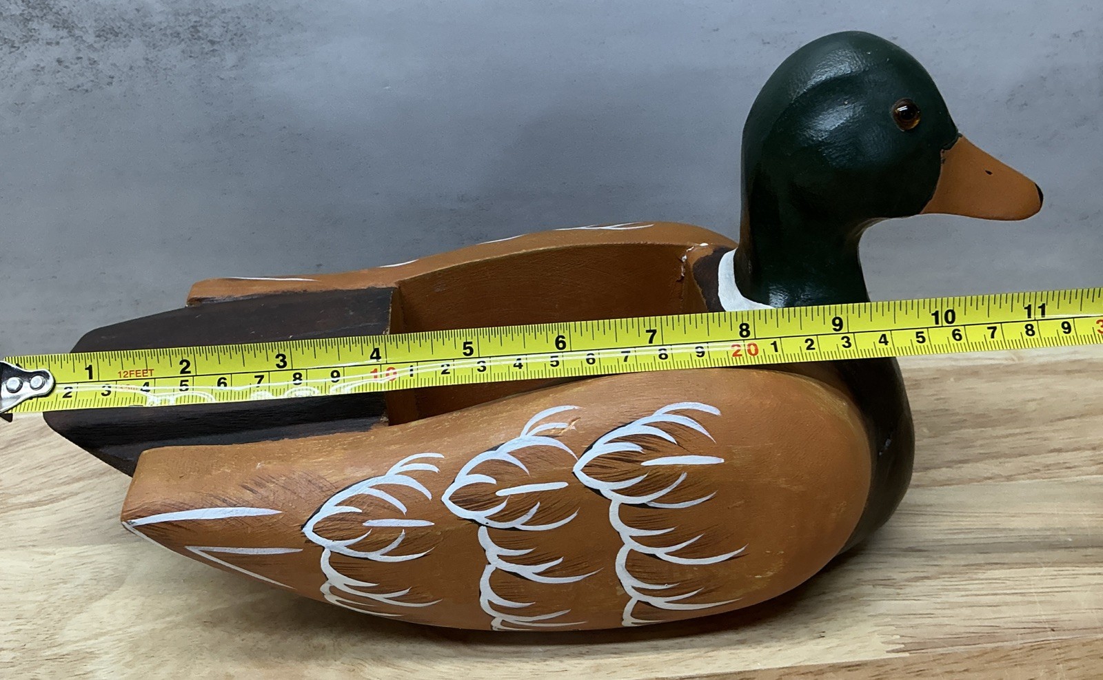Vintage Hand Made Painted Wood Duck Mallard Glass Eyes Decoy Trinket Box, 11.75”