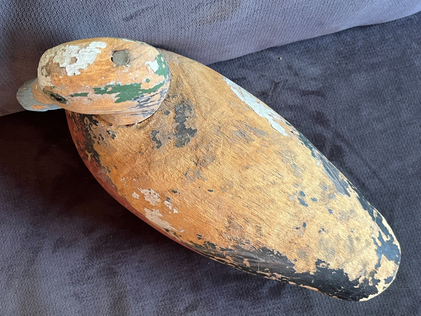 Vintage HAND CARVED WOODEN DUCK DECOY Primitive Folk Art 12″ Long, Lead Weight