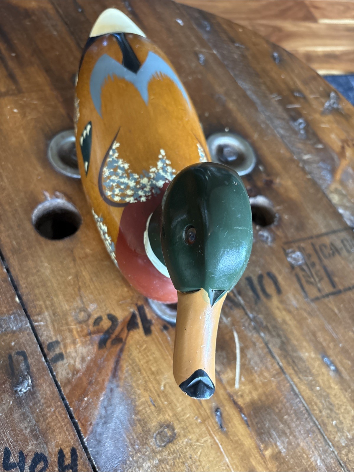 Vintage Hand Painted Carved Wood Mallard Duck Glass Eyes Made in Taiwan 14”
