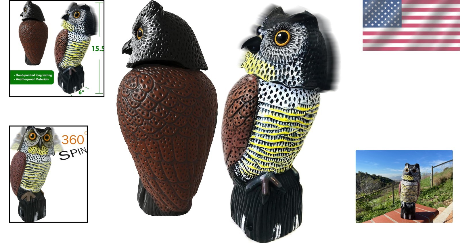 16″ Owl Decoy Statue with Rotating Head – Perfect Garden Decoration