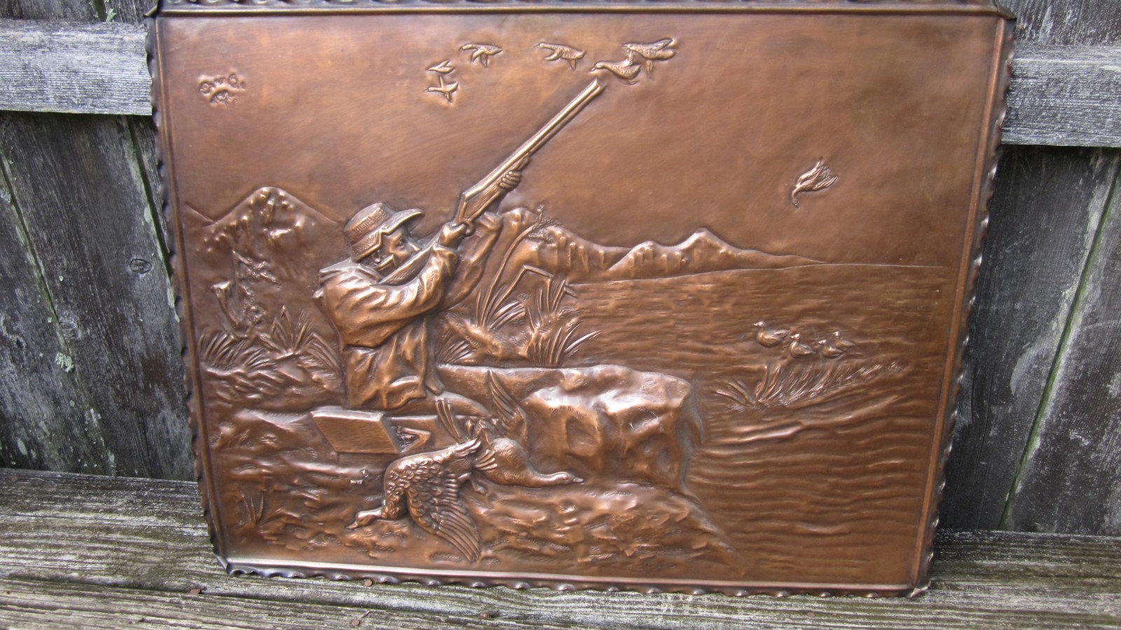 VINTAGE COPPER WALL PLAQUE DUCK HUNTING DECOY SHOTGUN SHOREBIRD SHOOTING SHELL