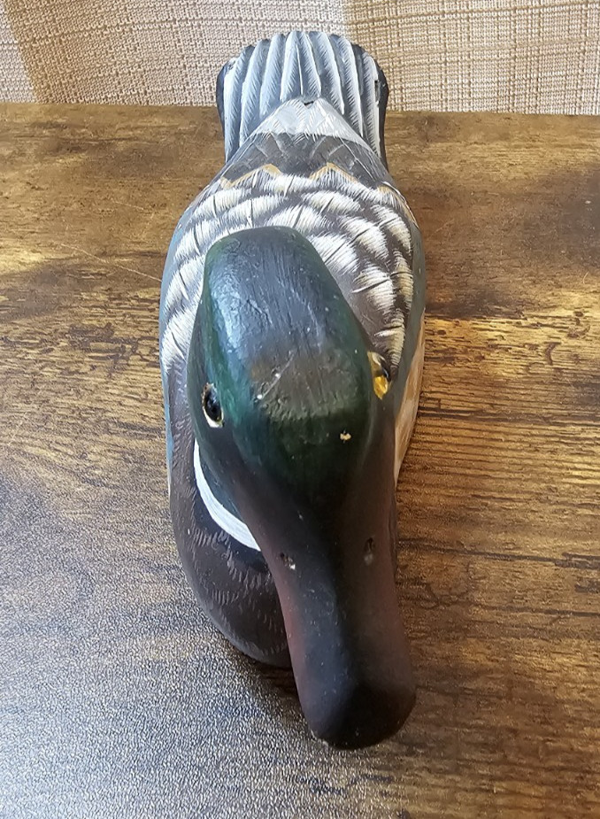 Wooden Duck Decoy 10″ Home Decor China Painted Carved Wood Glass Eyes