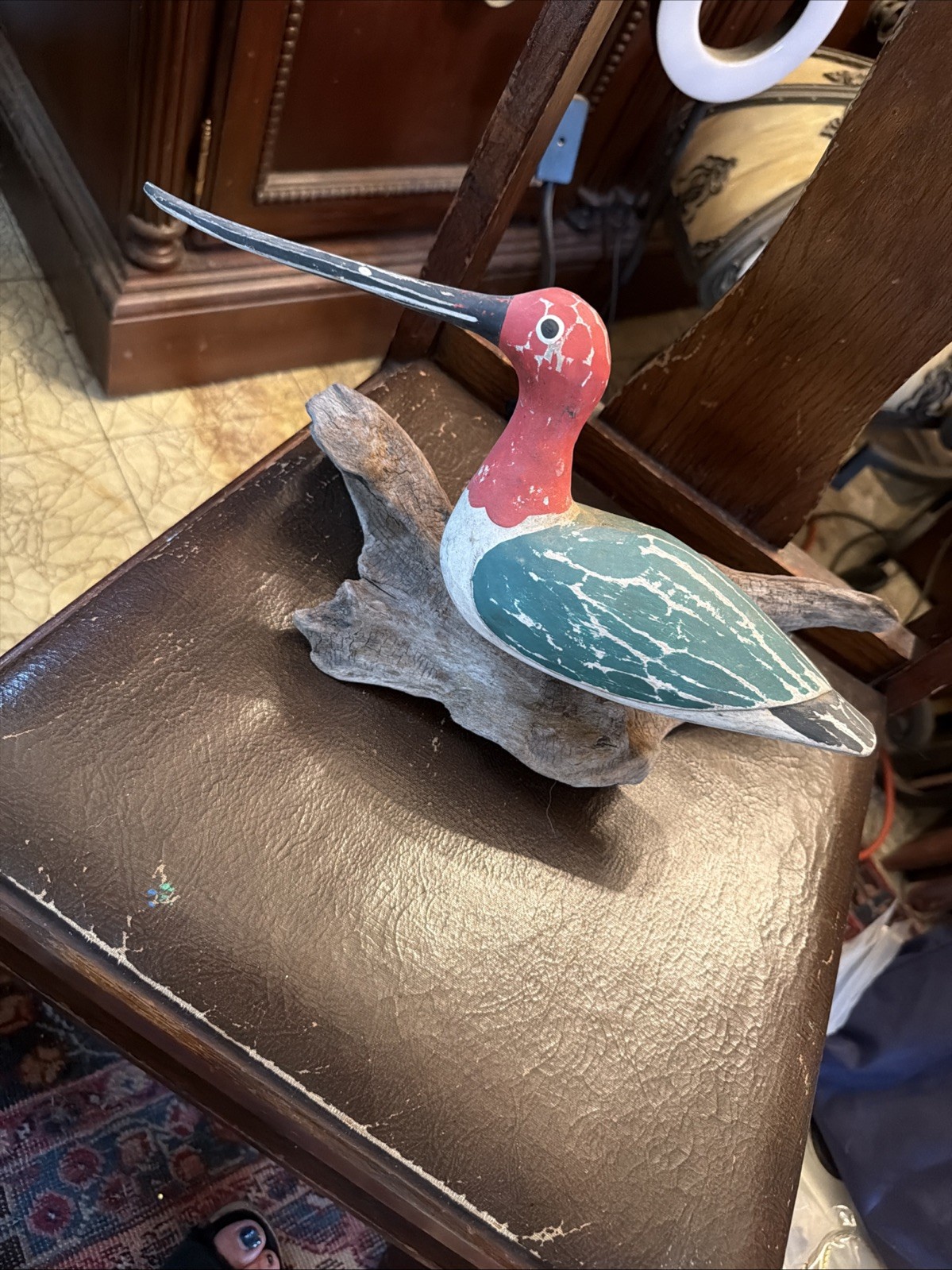 Vintage Shorebird Decoy 13.5” Red Green Long Bird With Driftwood Piece