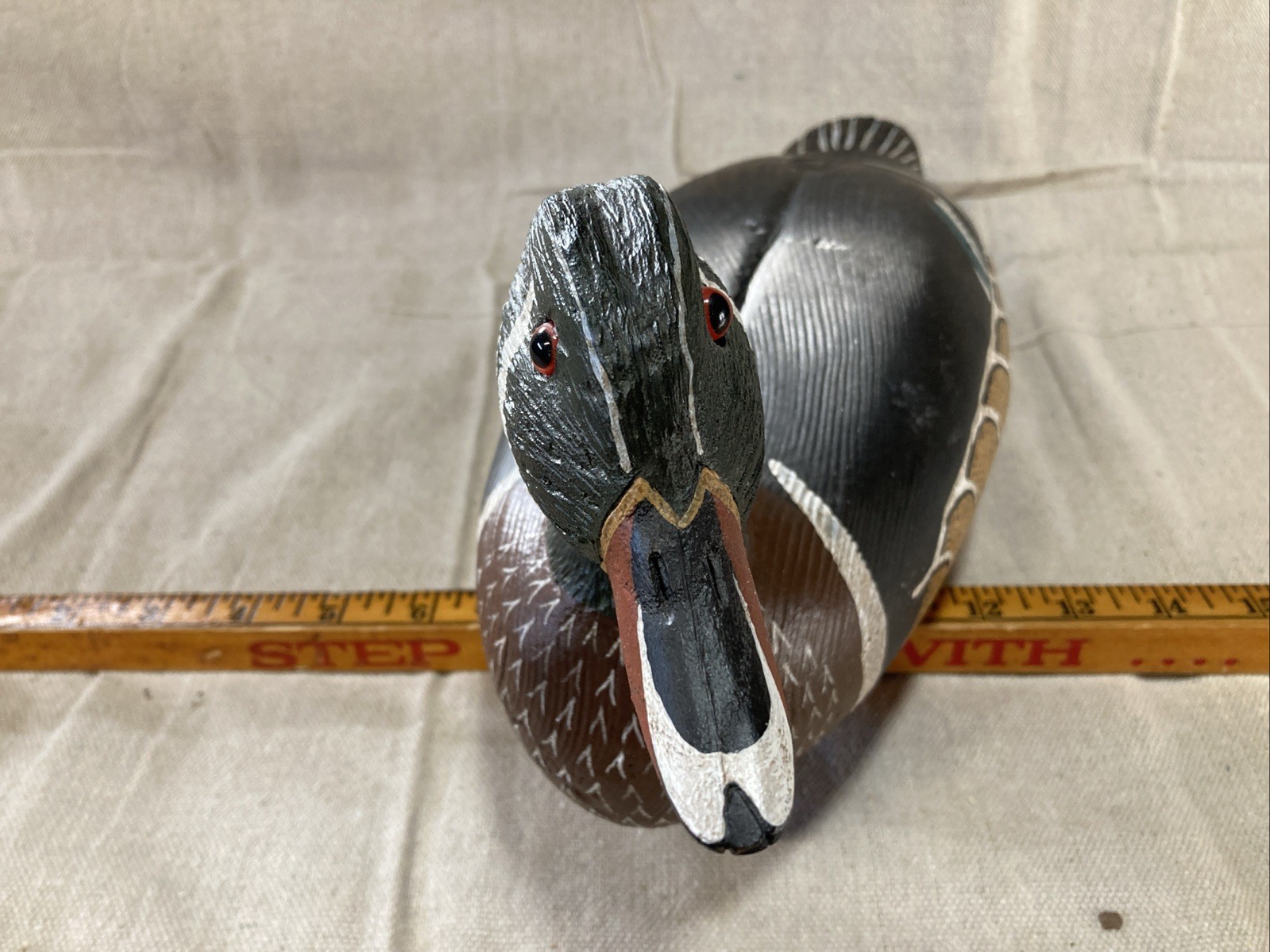 Vintage Handmade Wooden Duck Decoy Drake 15” Long Signed,Glass Eyes Stunning