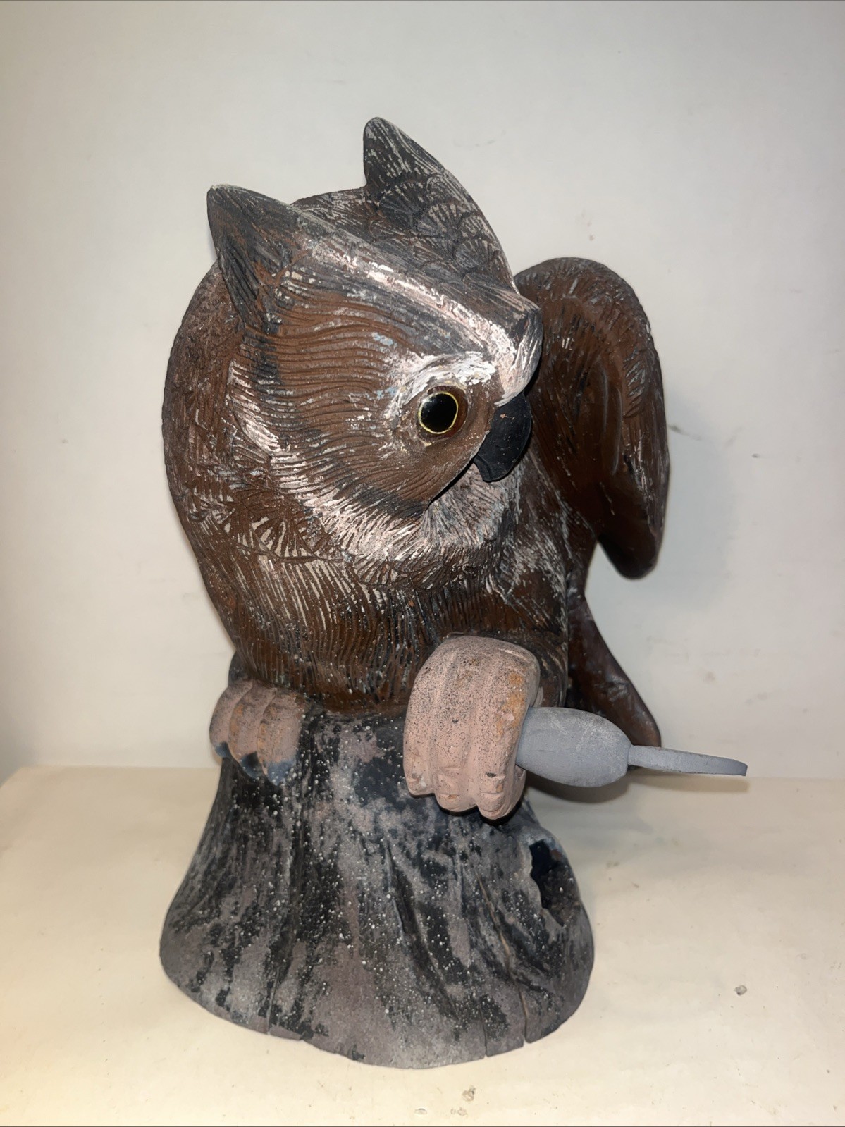great horned owl decoy glass eye vintage holding mouse