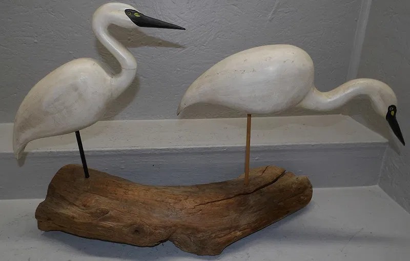 Painted Carved Wood Two Heron Bird Decoy Artist Signed