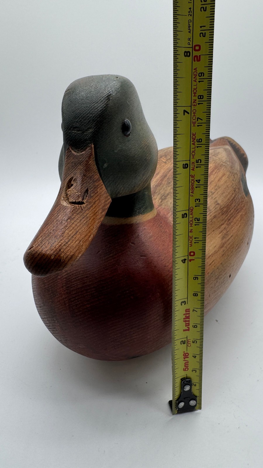 Vintage 1980 Hand Carved Solid Wood Mallard Drake Duck Decoy Glass Eyes Signed