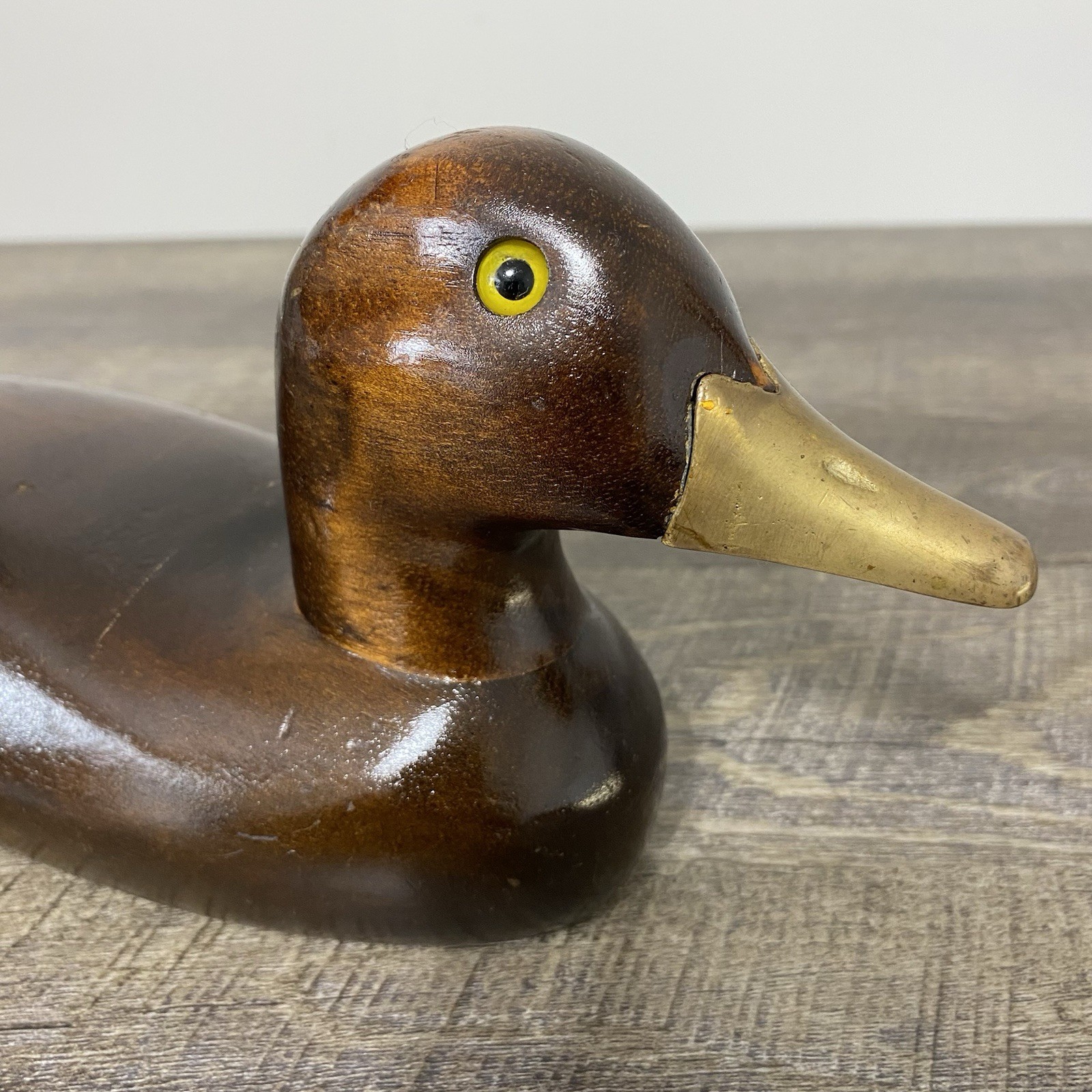 Vintage Pair of Hand Carved Wood Duck Decoys Brass Bill Folk Art Brown 15” & 12”