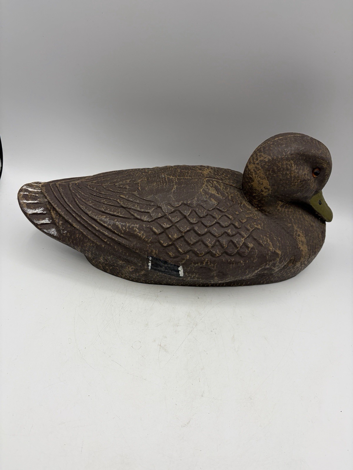 Vintage Hollow Wooden Duck Decoy Glass Eyes Carved Feather Hunting Decoy