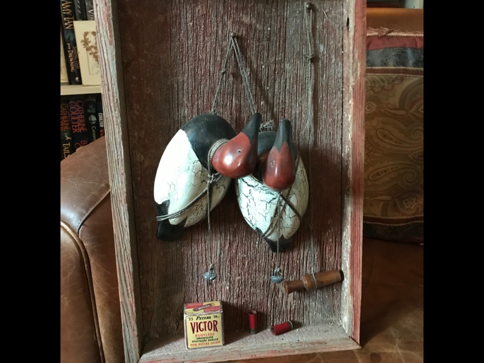 HAND-CARVED WOOD RED HEADED PIN DUCK DECOYS by Wm. Willet