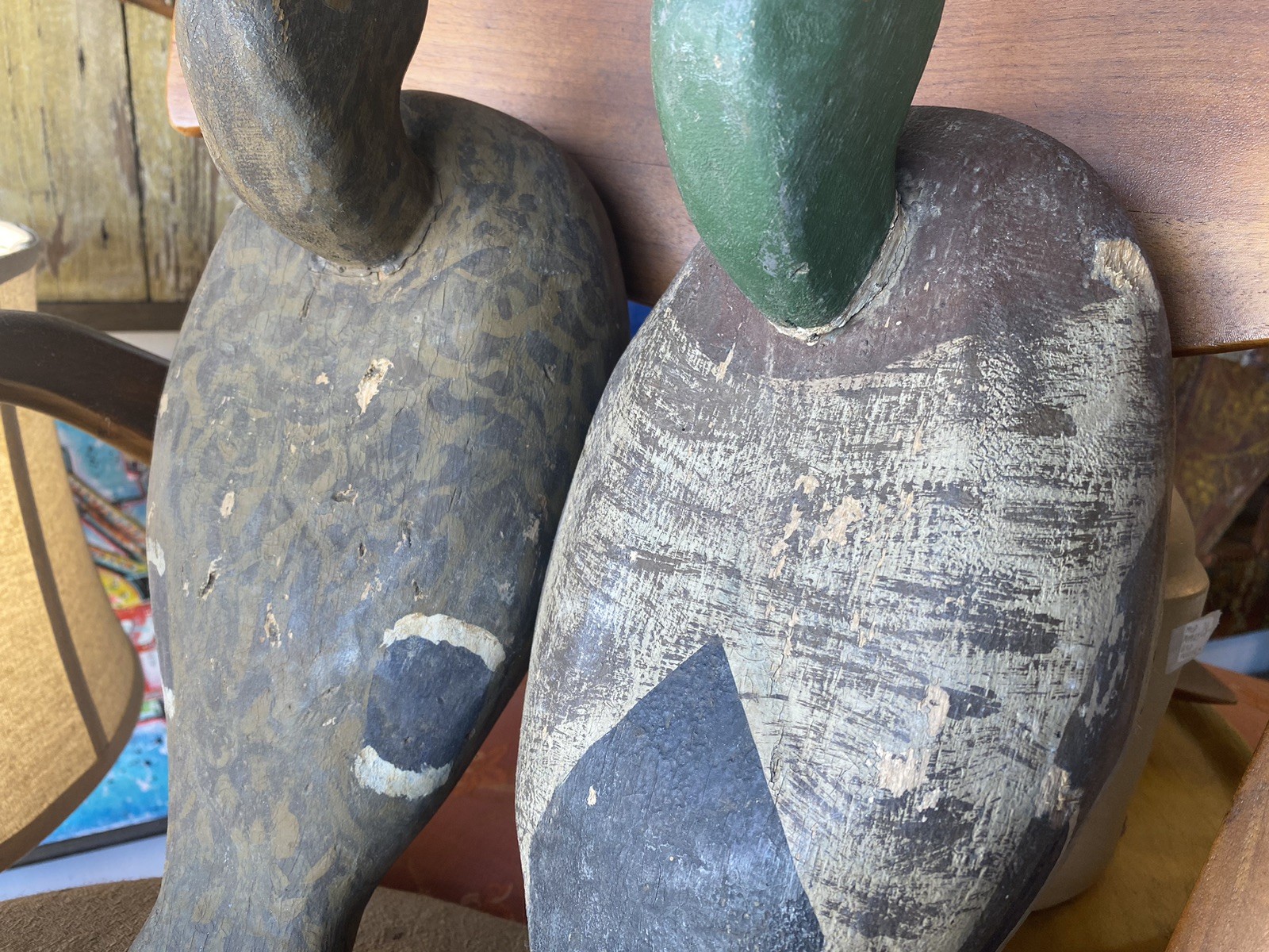 PAIR Antique DUCK DECOYS HAND CARVED ORIGINAL PAINT FOLK ART Mallard Spotted