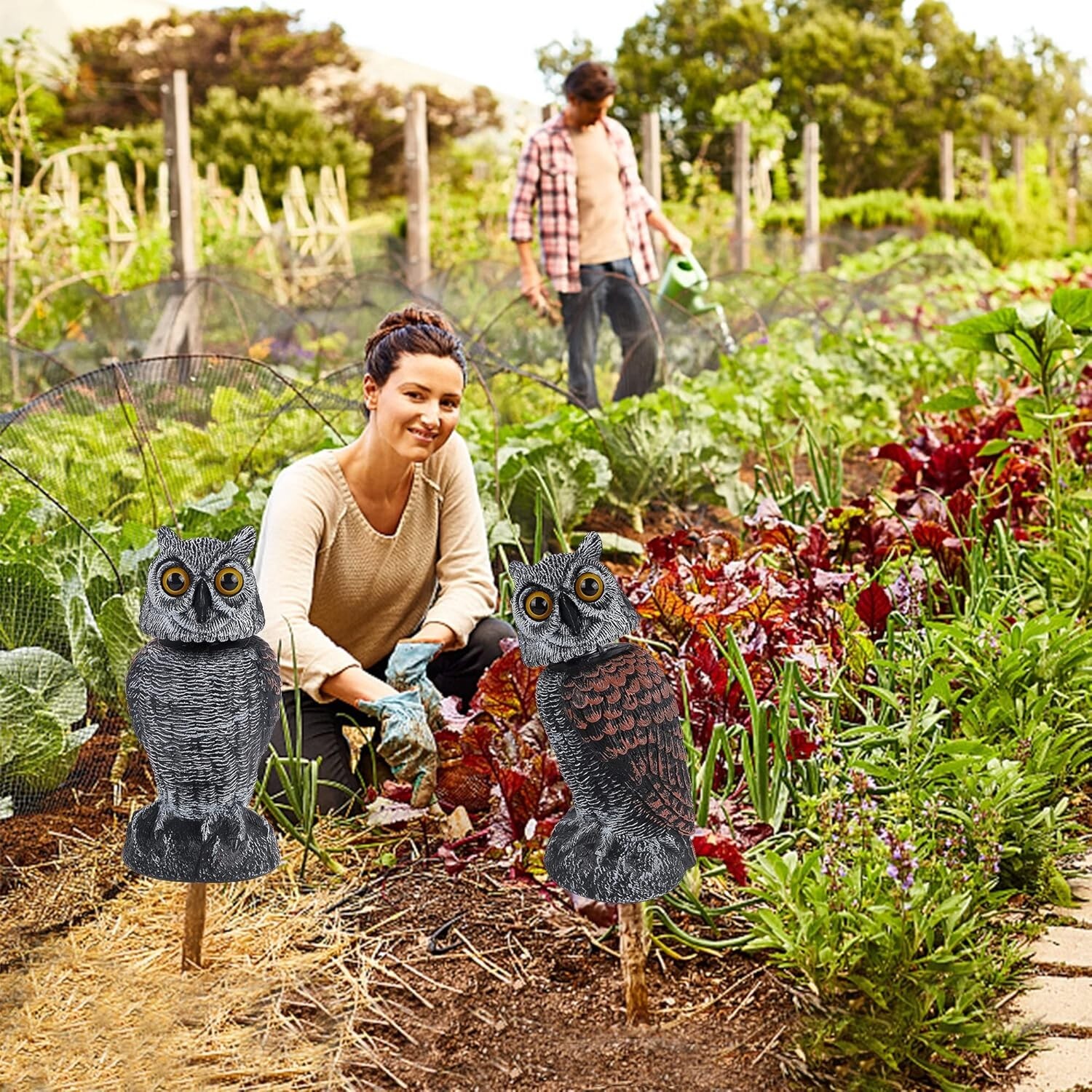 All-Season Outdoor Owl Decoy – 2 Pack Rotating Head Sculptures for Yard Safety
