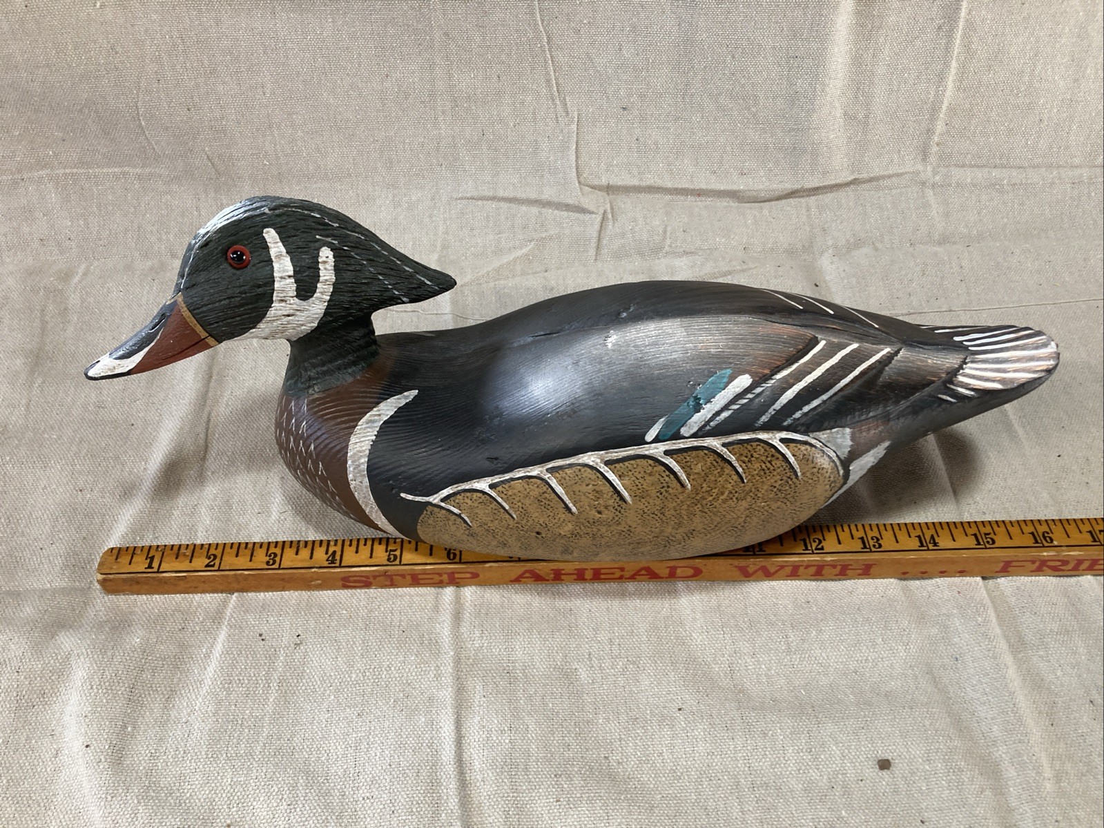 Vintage Handmade Wooden Duck Decoy Drake 15” Long Signed,Glass Eyes Stunning