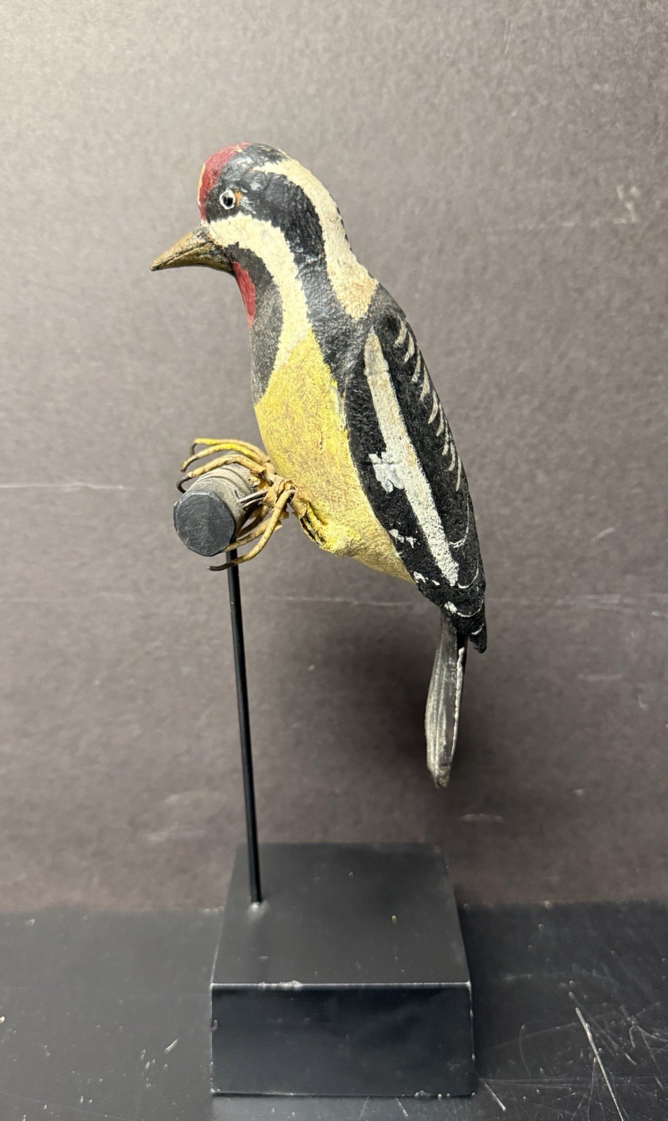 Yellow-bellied Sapsucker Carved Decoy on Display Perch/Stand, Antique, Unsigned