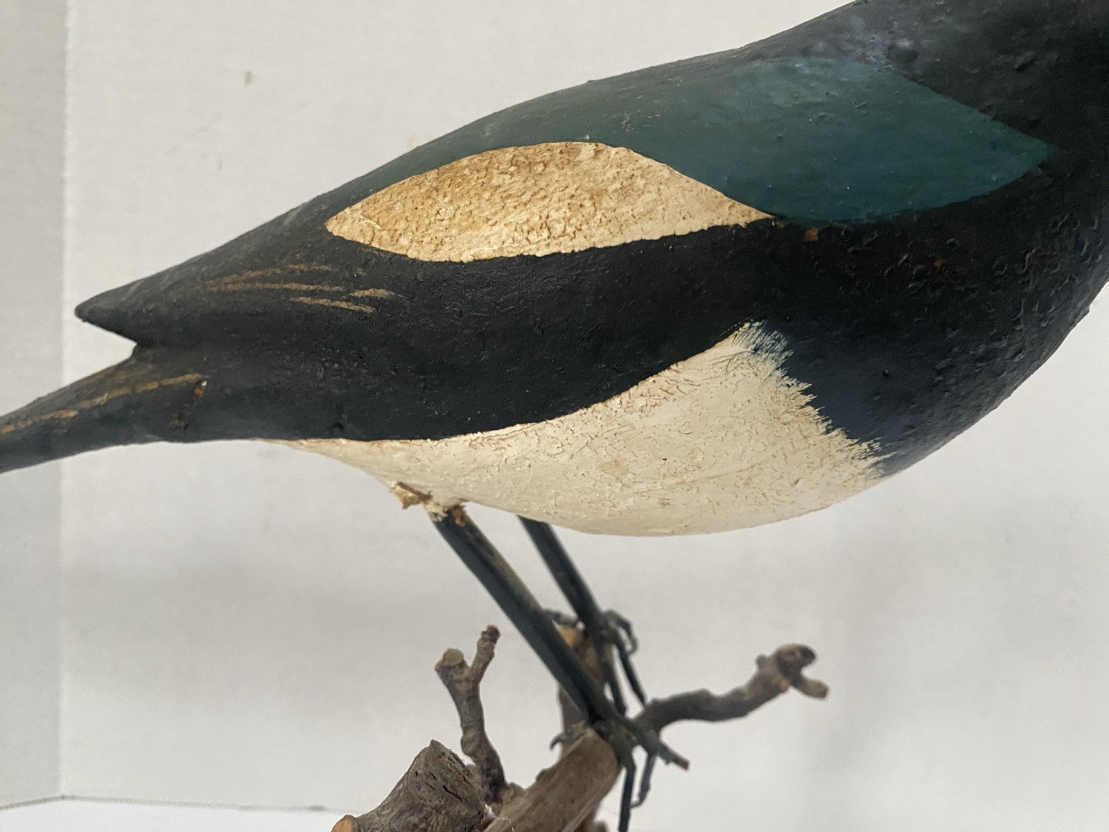 Vintage Magpie Bird Decorative Decoy, Glass Eyes, Wire Legs, Hand Painted