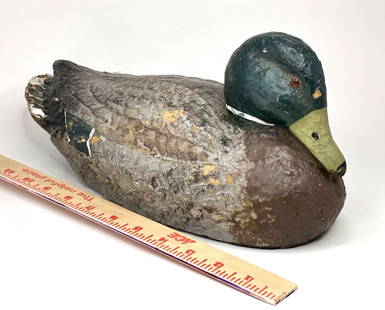 Antique Duck Decoy. 1940’s Americana. Papier-mâché. vintage hunting gear.